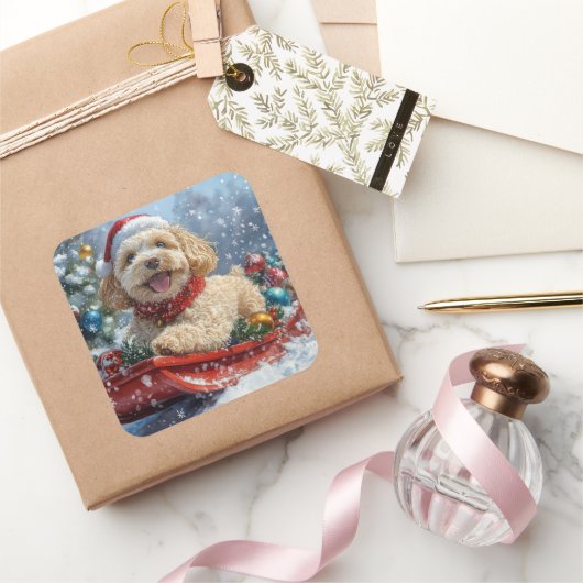 Cockapoo Dog in Sledge Laat het Sneeuw Kerstmis Vierkante Sticker (Geschenken)