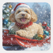 Cockapoo Dog in Sledge Laat het Sneeuw Kerstmis Vierkante Sticker (Voorkant)