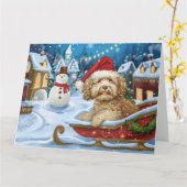 Cockapoo Dog in Sleigh Sneeuw Kerstmis Kaart (Gele Bloem)
