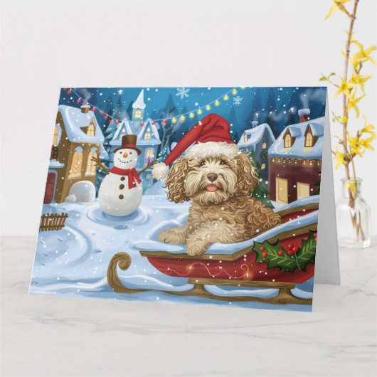 Cockapoo Dog in Sleigh Sneeuw Kerstmis Kaart (Gele Bloem)
