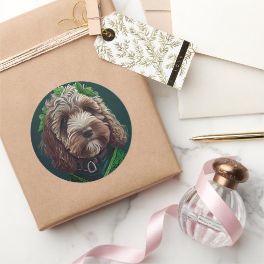 Cockapoo Dog in St. Patrick's Day Dress Ronde Sticker (Geschenken)