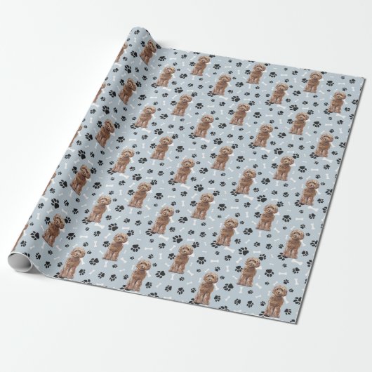 Cockapoo Dog Paw Print Pattern op Silver Blue Cadeaupapier (Uitgerold)