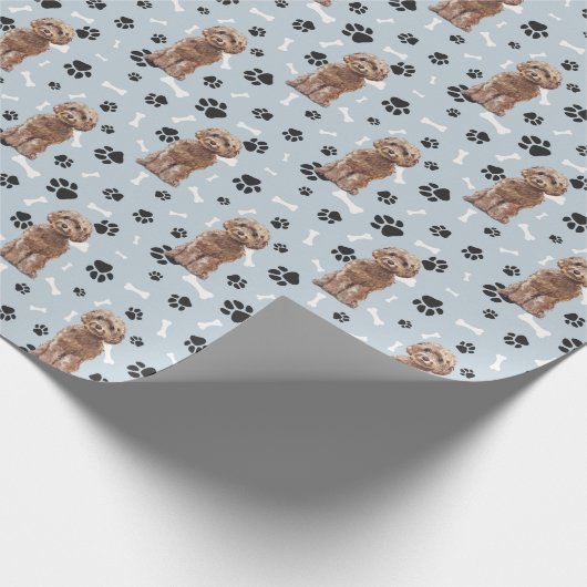 Cockapoo Dog Paw Print Pattern op Silver Blue Cadeaupapier (Hoek)
