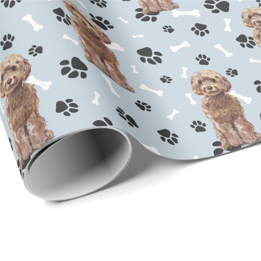 Cockapoo Dog Paw Print Pattern op Silver Blue Cadeaupapier (Rol Hoek)