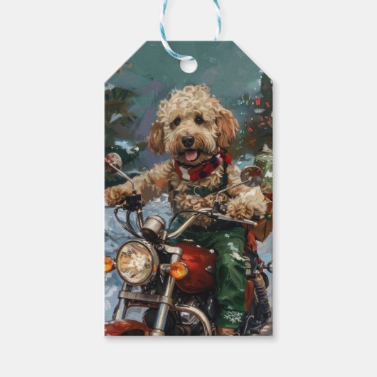 Cockapoo Dog Riding Motorfiets Kerstmis Cadeaulabel (Voorkant)