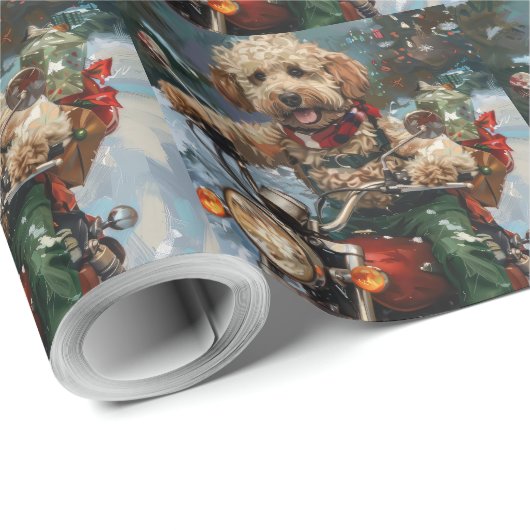 Cockapoo Dog Riding Motorfiets Kerstmis Cadeaupapier (Rol Hoek)