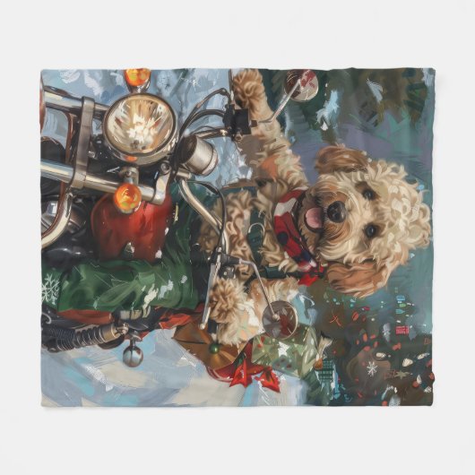 Cockapoo Dog Riding Motorfiets Kerstmis Fleece Deken (Voorkant (Horizontaal))