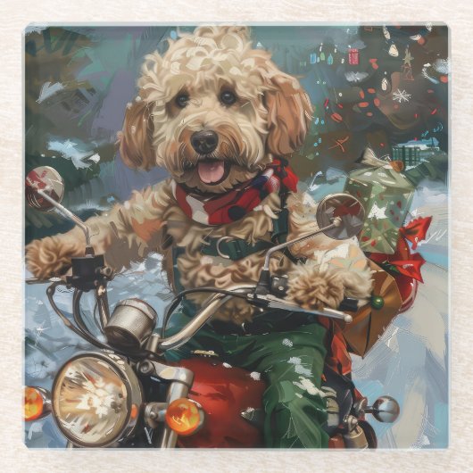 Cockapoo Dog Riding Motorfiets Kerstmis Glazen Onderzetter (Voorkant)