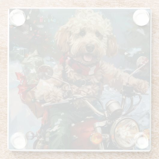 Cockapoo Dog Riding Motorfiets Kerstmis Glazen Onderzetter (Achterkant)