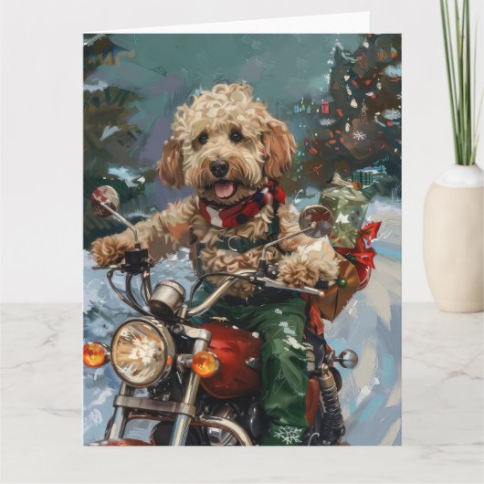 Cockapoo Dog Riding Motorfiets Kerstmis Kaart (Voorkant)