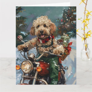 Cockapoo Dog Riding Motorfiets Kerstmis Kaart