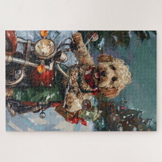 Cockapoo Dog Riding Motorfiets Kerstmis Legpuzzel (Horizontaal)
