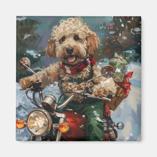 Cockapoo Dog Riding Motorfiets Kerstmis Magneet (Voorkant)