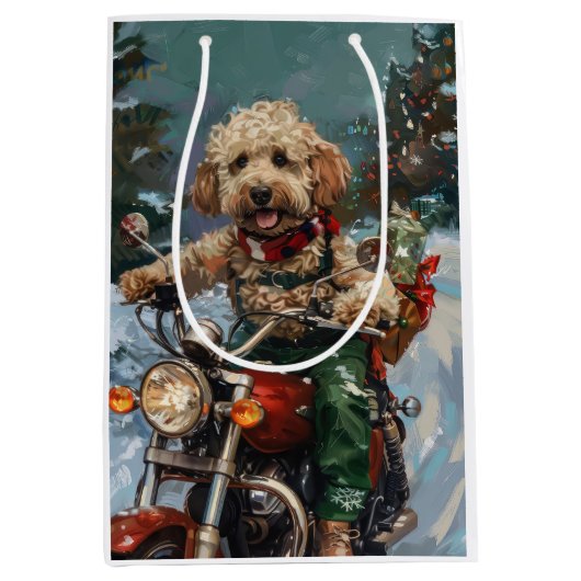 Cockapoo Dog Riding Motorfiets Kerstmis Medium Cadeauzakje (Voorkant)