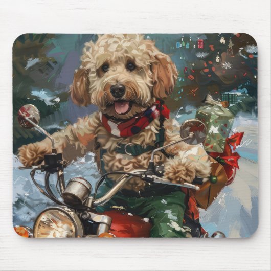 Cockapoo Dog Riding Motorfiets Kerstmis Muismat (Voorkant)