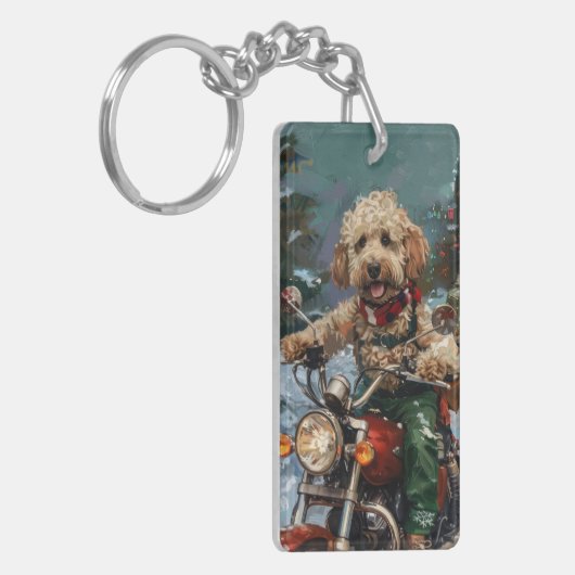 Cockapoo Dog Riding Motorfiets Kerstmis Sleutelhanger (Voorkant Links)