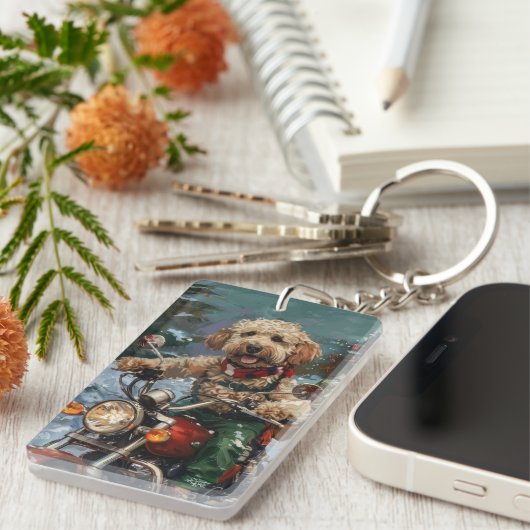 Cockapoo Dog Riding Motorfiets Kerstmis Sleutelhanger (Voorkant Rechts)