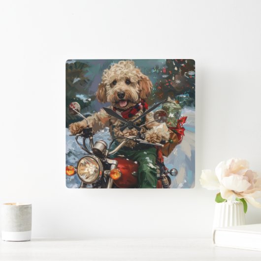 Cockapoo Dog Riding Motorfiets Kerstmis Vierkante Klok (Huis)