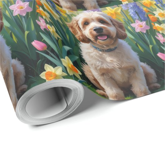 Cockapoo Dog Spring Bloemen Schilderen Cadeaupapier (Rol Hoek)