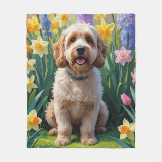 Cockapoo Dog Spring Bloemen Schilderen Fleece Deken (Voorkant)