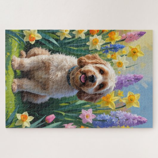 Cockapoo Dog Spring Bloemen Schilderen Legpuzzel (Horizontaal)