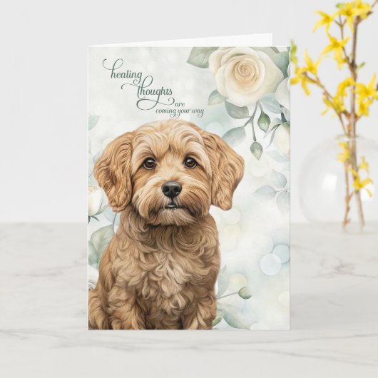 Cockapoo Dog White Roses and Sage Green Get Well Kaart (Gele Bloem)