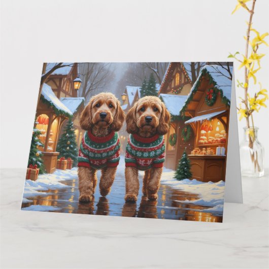 Cockapoo Dogs Kerstmis Sneeuw Vakantie Kaart (Gele Bloem)