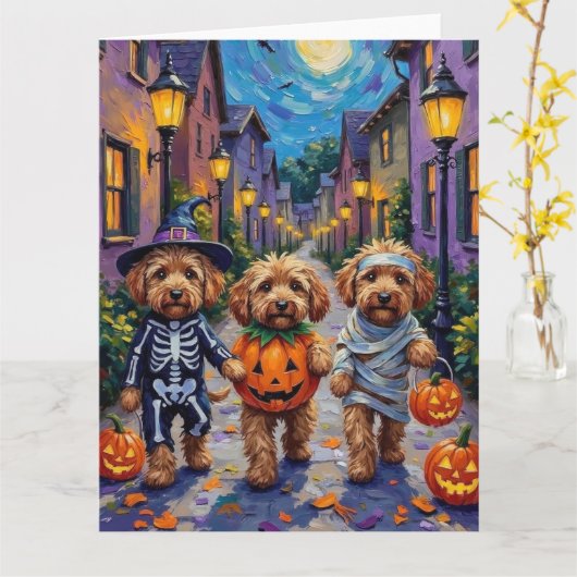 Cockapoo Dogs Trick-or-Treating Halloween kostuum Kaart (Gele Bloem)