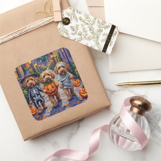 Cockapoo Dogs Trick-or-Treating Halloween kostuum Vierkante Sticker (Geschenken)