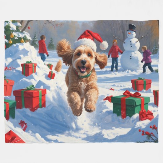 Cockapoo hardlopen in de sneeuw met kerst Pet Fleece Deken (Voorkant (Horizontaal))
