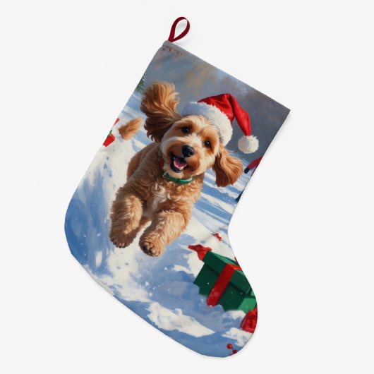Cockapoo hardlopen in de sneeuw met kerst Pet Grote Kerstsok (Voorkant (Hangend))