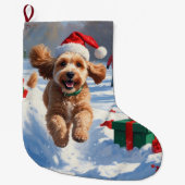 Cockapoo hardlopen in de sneeuw met kerst Pet Grote Kerstsok (Voorkant)