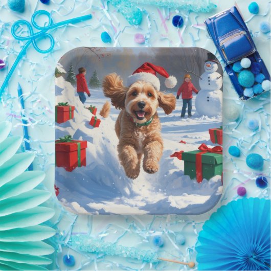 Cockapoo hardlopen in de sneeuw met kerst Pet Papieren Bordje (Feest)