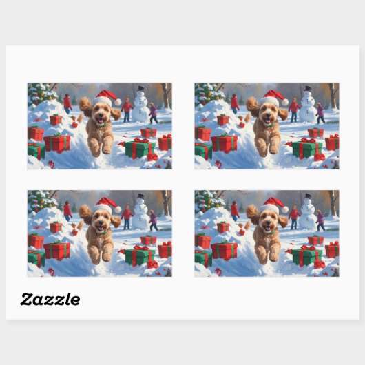 Cockapoo hardlopen in de sneeuw met kerst Pet Rechthoekige Sticker (Vel)