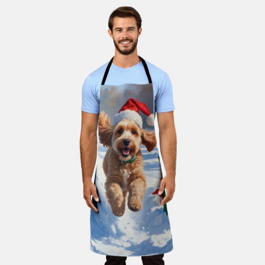 Cockapoo hardlopen in de sneeuw met kerst Pet Schort (Gedragen)
