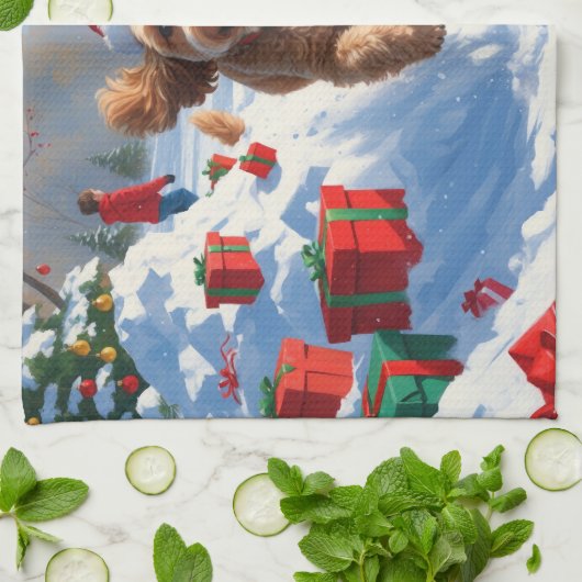 Cockapoo hardlopen in de sneeuw met kerst Pet Theedoek (Gevouwen)