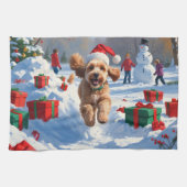 Cockapoo hardlopen in de sneeuw met kerst Pet Theedoek (Horizontaal)