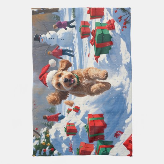 Cockapoo hardlopen in de sneeuw met kerst Pet Theedoek (Verticaal)