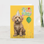 Cockapoo hond feesthoed geel verjaardag kaart (Voorkant)