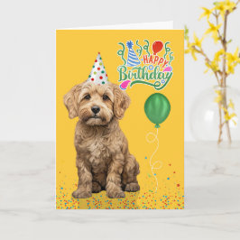 Cockapoo hond feesthoed geel verjaardag kaart