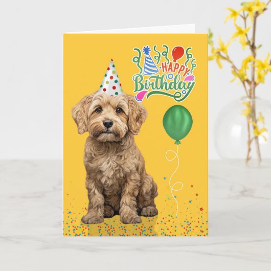 Cockapoo hond feesthoed geel verjaardag kaart (Gele Bloem)