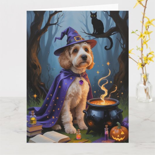 Cockapoo Hond grillig Halloween schilderij Kaart (Gele Bloem)