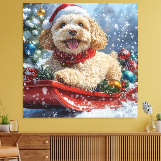 Cockapoo-hond in slee laat het sneeuwen Kerstmis Canvas Afdruk (Insitu (Woonkamer))