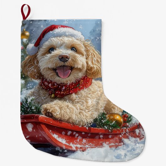 Cockapoo-hond in slee laat het sneeuwen Kerstmis Grote Kerstsok (Voorkant)