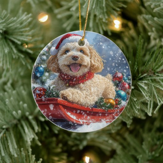 Cockapoo-hond in slee laat het sneeuwen Kerstmis Keramisch Ornament (Boom)
