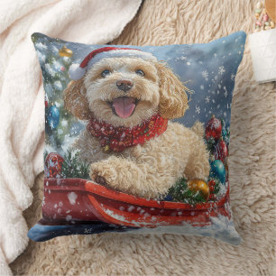 Cockapoo-hond in slee laat het sneeuwen Kerstmis Kussen