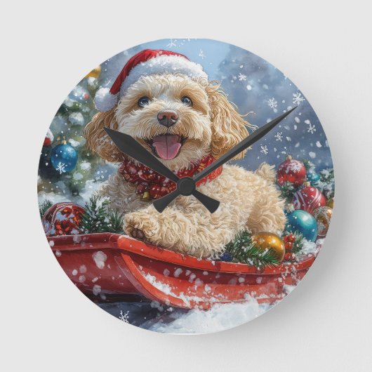 Cockapoo-hond in slee laat het sneeuwen Kerstmis Ronde Klok (Voorkant)
