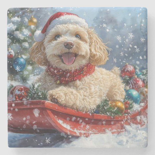 Cockapoo-hond in slee laat het sneeuwen Kerstmis Stenen Onderzetter (Voorkant)
