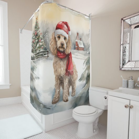 Cockapoo Hond in Sneeuw Kerstmis Douchegordijn (In situ)