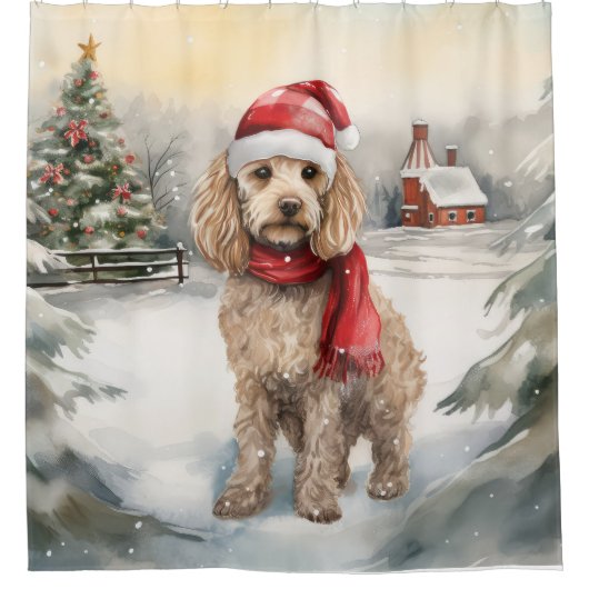 Cockapoo Hond in Sneeuw Kerstmis Douchegordijn (Voorkant)